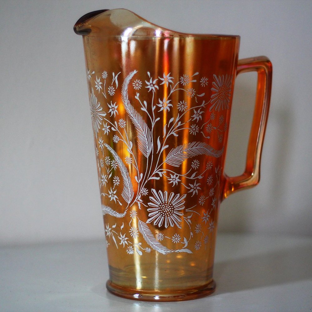 lg jeanette marigold cosmos carnival glass pitcher